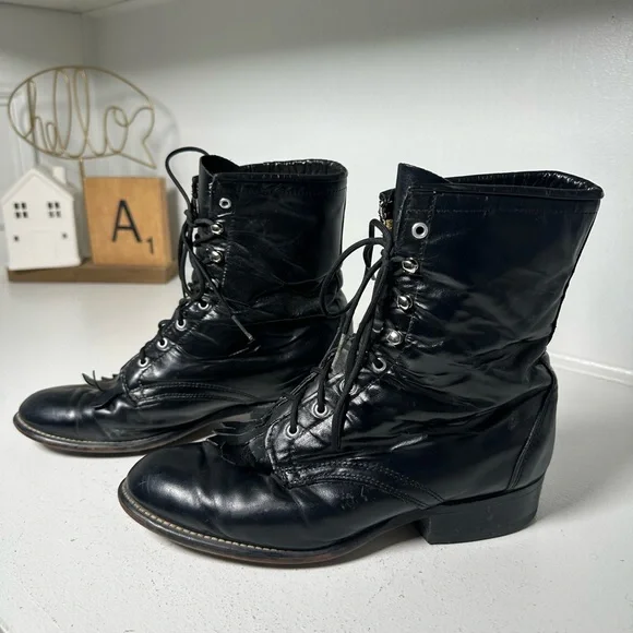 Laredo Kiltie Lace-Up Ankle Boots Womens 7M Black Leather Western Vintage Roper - Picture 1 of 8